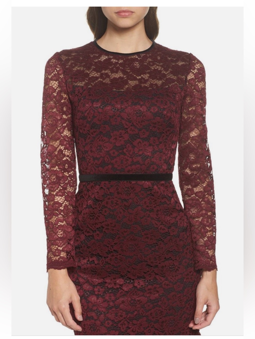 Maggy London Burgundy Lace Long-Sleeve Midi Dress with Black Trim - Picture 3 of 11